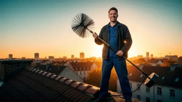 Chimney technician working on a Worthington roof at sunset